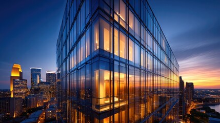 Fototapeta premium Modern skyscraper at twilight with city lights reflected in glass facade.