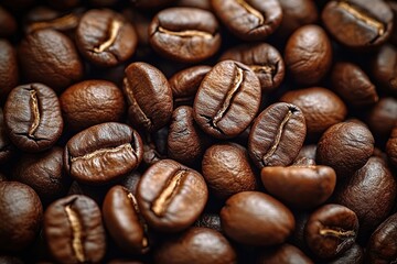 Close-up image of glossy roasted coffee beans displaying rich brown tones and textured surfaces with a warm and inviting feel