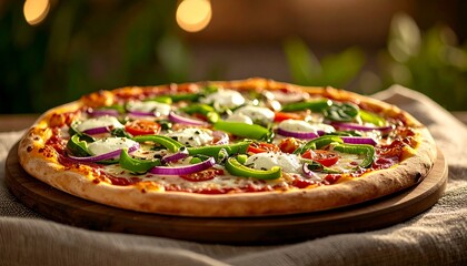 Vegetarian pizza with fresh green bell peppers, red onions, tomatoes, mozarella cheese on wooden board, food branding image