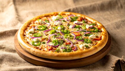 Vegetarian pizza with fresh green bell peppers, red onions, tomatoes, mozarella cheese on wooden board, food branding image