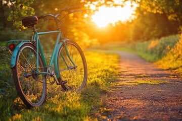 Fototapeta premium A teal bicycle parked on grass beside a sunlit gravel path during a vibrant golden sunset in a forested area