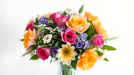 Bouquet of colorful flowers in a vase on a white background.