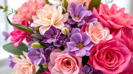 Beautiful bouquet of pink and purple flowers in a vase.