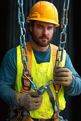 Focused construction worker wearing a yellow safety helmet and vest holding heavy metal chains with a serious and determined expression