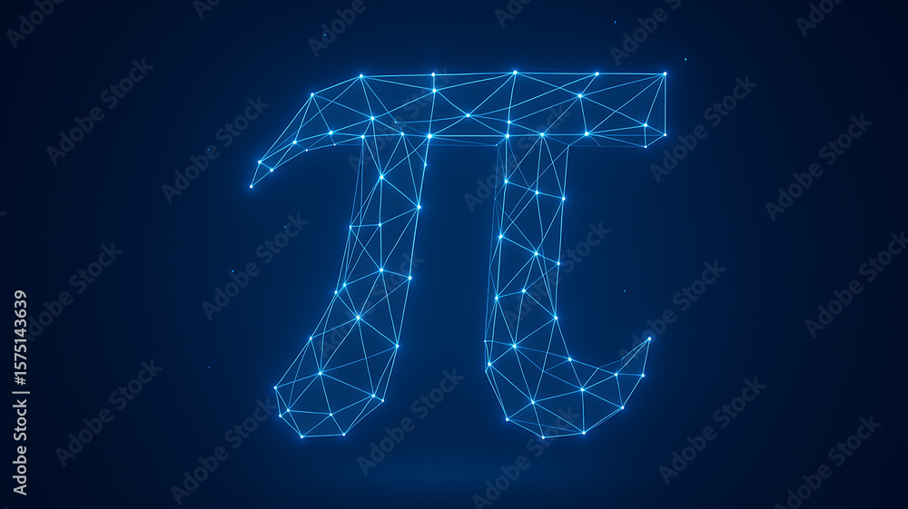 Poster futuristic glowing digital wireframe pi symbol with geometric polygonal mesh shape on dark blue back