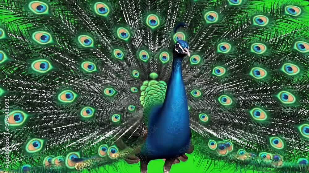 Poster 3d render of blue peacock displaying tail feathers on green screen chroma key isolated background