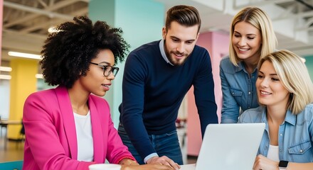 Diverse team collaborating on a laptop in a modern office