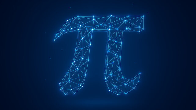 Futuristic glowing digital wireframe pi symbol with geometric polygonal mesh shape on dark blue background concept for Pi Approximation Day celebration and mathematics - Powered by Adobe