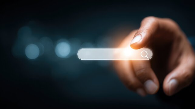 Finger tapping search icon: effortless online navigation, finding info/knowledge, digital tools for searching.