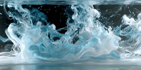 A visual representation of light blue and white ink swirling in water against a dark background design