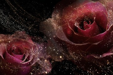 Two roses with a burgundy hue and golden glitter against a dark black background creating a bokeh effect