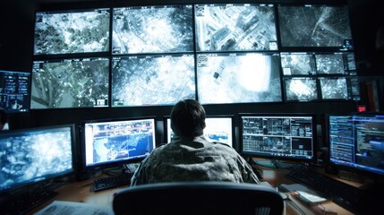 Wideangle perspective of a hightech Military Operation Center where an Army IT expert examines live satellite feeds. The image captures the intensity of realtime information processing