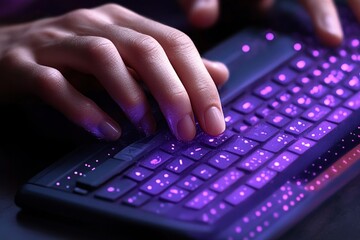 Close-up of hands typing on a black keyboard illuminated by purple LED backlighting, creating a focused and high-tech atmosphere