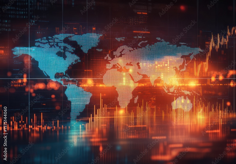 Aufkleber digital world map overlay with glowing global data points and rising bar graphs on a dark background