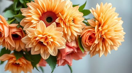 Beautiful bouquet of orange dahlias on a light background.
