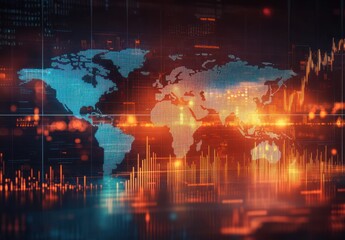 Digital world map overlay with glowing global data points and rising bar graphs on a dark background conveying global financial growth and connectivity