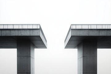 Two large concrete bridge sections ending abruptly against a white sky, demonstrating unfinished construction with minimalist and stark composition