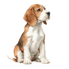 Watercolor painting of sitting beagle puppy with brown and white fur, showing calm and attentive expression in realistic style