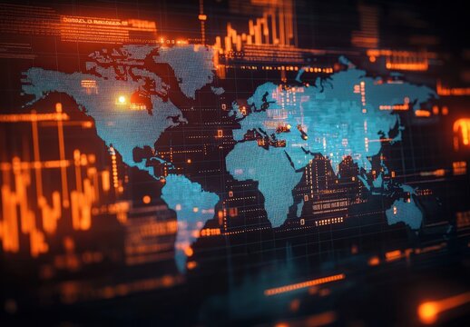 Digital blue world map overlaid with bright orange financial graphs and data points, conveying a sense of global connectivity and technological advancement