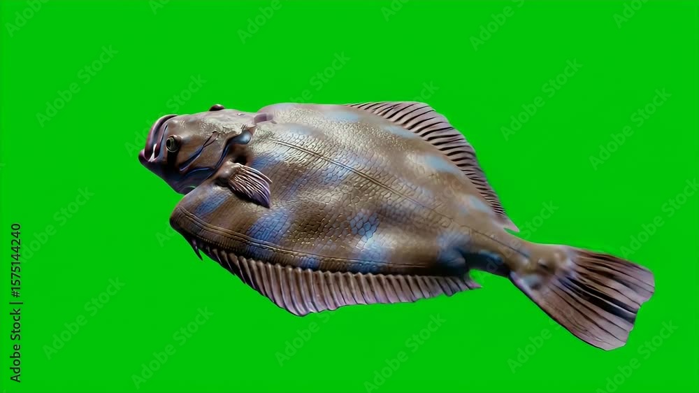 Poster 3d render of flatfish isolated on green screen with chroma key background for easy compositing