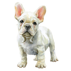 French bulldog puppy, small dog breed, cute pet illustration, white fur, standing pose, adorable animal portrait, watercolor style