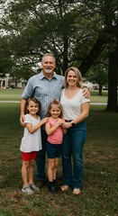 Fototapeta premium Family of four posing outdoors by a tree