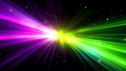 Naklejka premium A vibrant digital illustration of radiant light beams in purple and green converging at a bright yellow center, set against a dark starry background.
