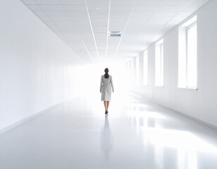 Fototapeta premium A woman walks away down a long, bright white corridor towards a strong light source, representing hope, future possibilities, decision-making, and new directions in a clean, modern setting.