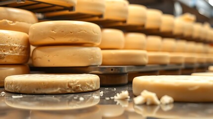 cheese on conveyor belt in cheese factory, closeup of photo.
