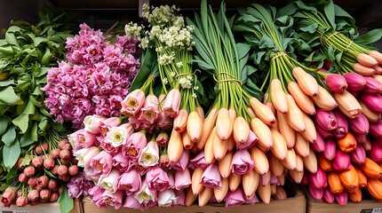 Bouquets of tulips and hyacinths for sale in a flower shop.
