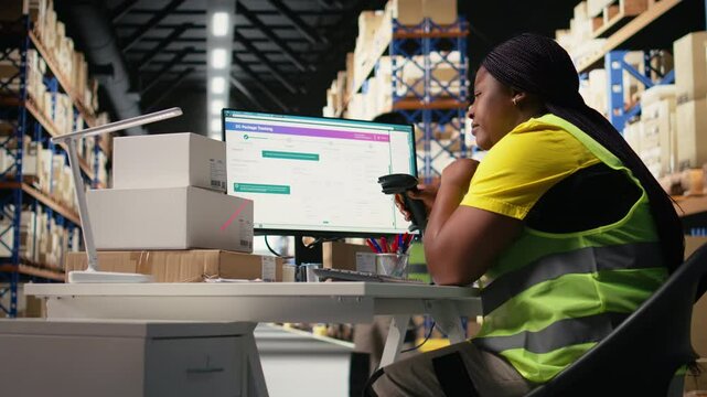 African american overworked woman struggling to stay awake, dealing with burnout after a long shift of processing orders in industrial warehouse space. Exhausted staff member. Camera A.