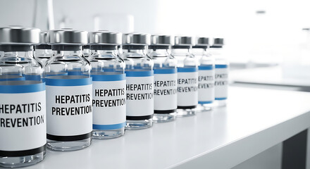 Row of vials labeled "Hepatitis Prevention" on a white surface, suggesting medical research or vaccine production.