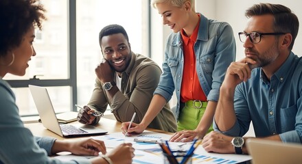 Four professionals collaborating around a table with a laptop and documents