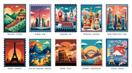 A vibrant set of travel stamps with iconic landmarks from Beijing, Dubai, London, Moscow, New York, Paris, Rio, Rome, Sydney, and Tokyo. Ideal for prints, postcards, scrapbooking, planners.