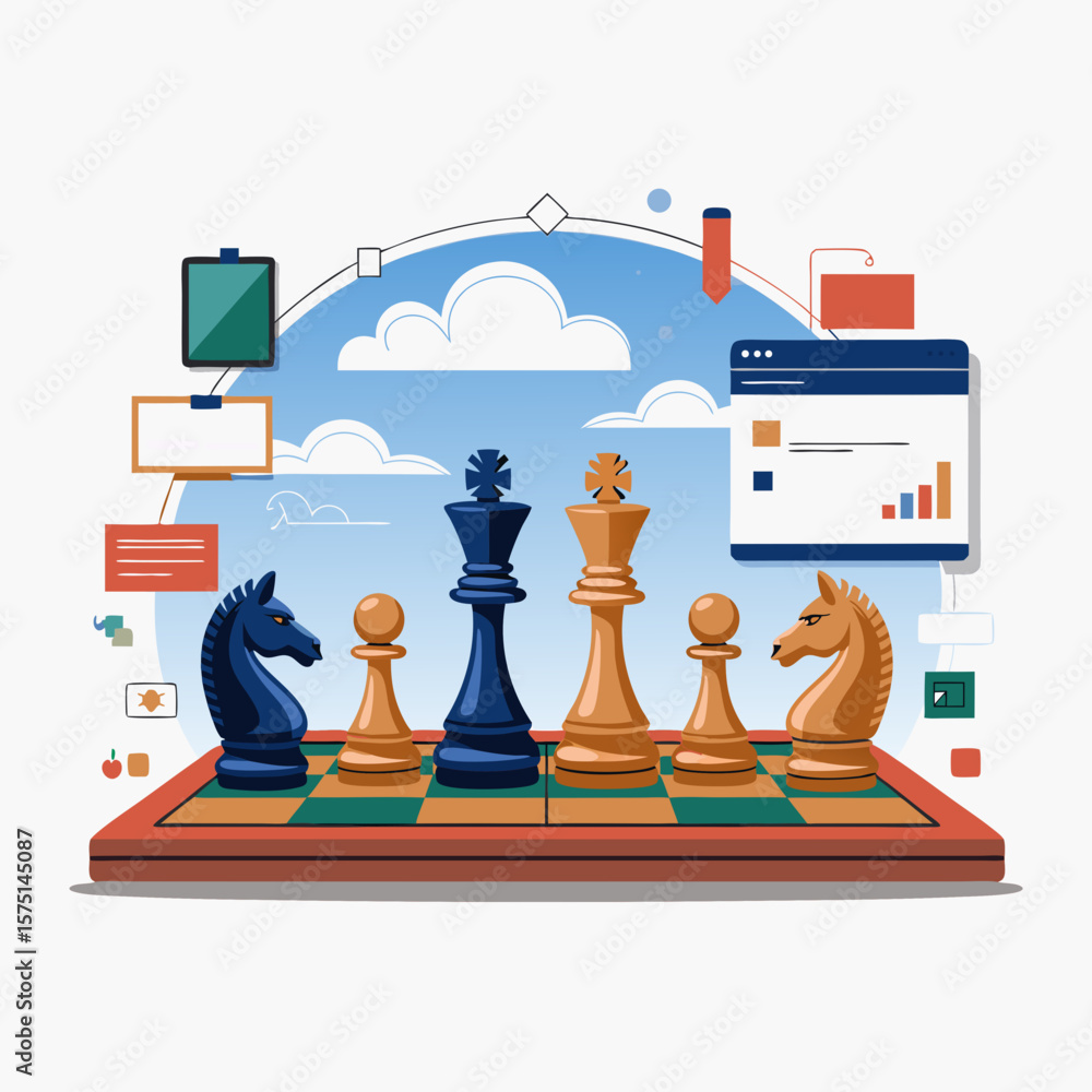 Poster chess pieces on a board with digital elements like charts and screens floating in the background, su