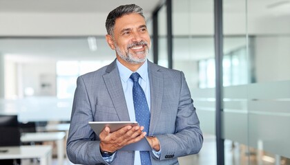 Happy senior business man working on touchscreen computer device. 50s professional corporate executive dreaming at office. Copy space.