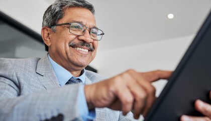 Happy 50s entrepreneur businessman using tablet pad at work. Mature corporate executive consulting at screen. Copy space.