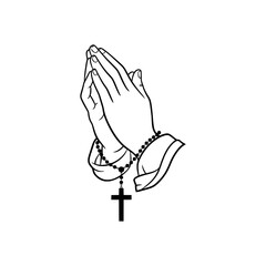 Obraz premium Outline Icon of Rosary Held by Praying Hands Symbolizing Faith and Devotion