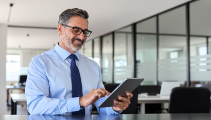 Mature corporate manager using touch screen tablet in office. Senior business man in suit consulting financial plan. Copy space.