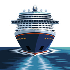 Front view of a large cruise ship sailing on the ocean, creating waves in the water.