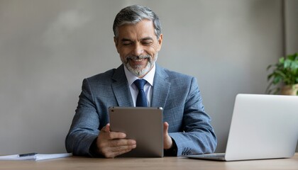 Happy mature executive businessman using touch screen pad computer at workplace. Latin ceo dreaming about company finance. Copy space.