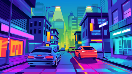 Fototapeta premium Colorful, stylized illustration of a city street at night, with vibrant neon lights and modern buildings.