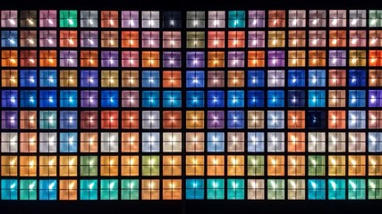 Glowing grid of colorful squares, each with a central light source, against a black background