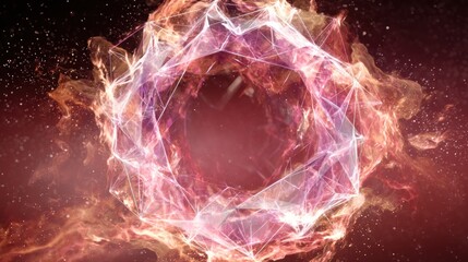 Abstract geometric shape with pink and orange nebula against a dark starry background design element