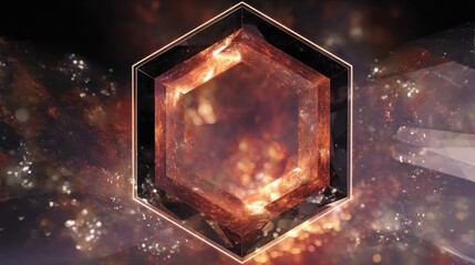 A hexagon shaped gem with a dark border floating in a galaxy of lights and orange and brown hues