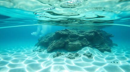 Underwater view of coral reef in blue sea water underwater background.