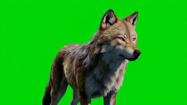 3D Rendered Red Wolf Isolated on Green Screen Chroma Key Side View Wildlife Animation Element