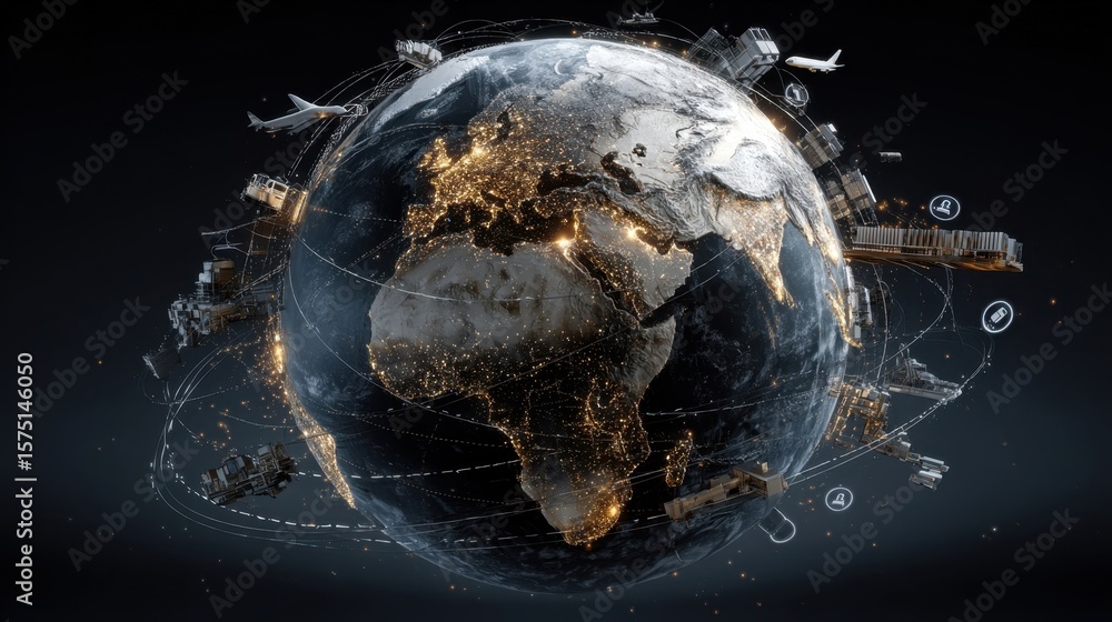 Poster conceptual illustration of a globe with fragmented trade pathways showcasing the complexity of inter