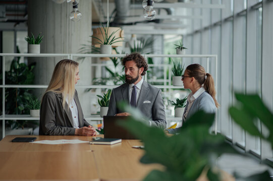 Businesspeople discussing work in modern green office