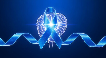 Glowing blue ribbon encircles a stylized illustration of the colon, symbolizing colon cancer awareness.